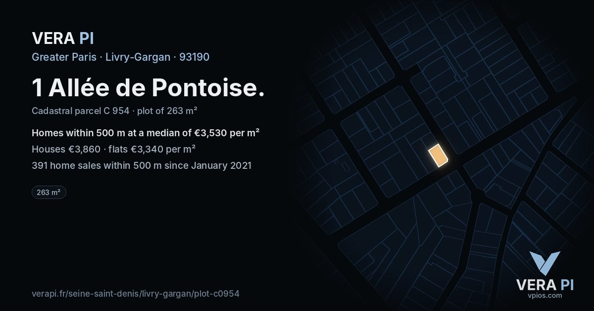1 Allée de Pontoise, Livry-Gargan at night – the plot lit, the parcels around coloured by the prices near them
