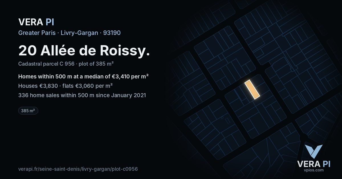 20 Allée de Roissy, Livry-Gargan at night – the plot lit, the parcels around coloured by the prices near them