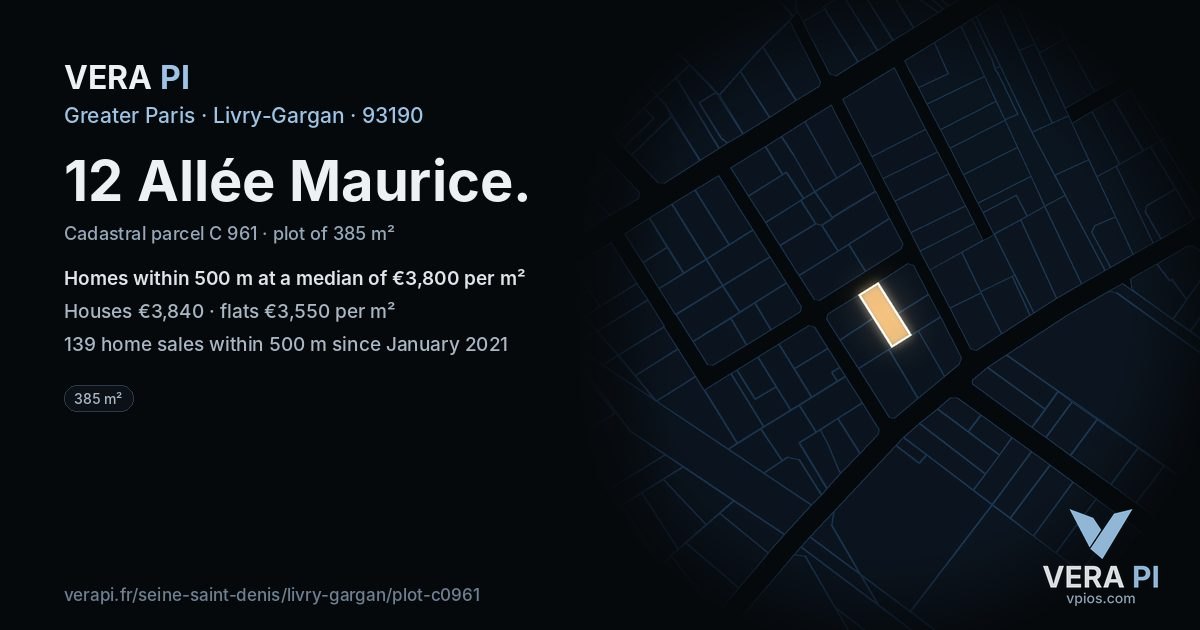 12 Allée Maurice, Livry-Gargan at night – the plot lit, the parcels around coloured by the prices near them