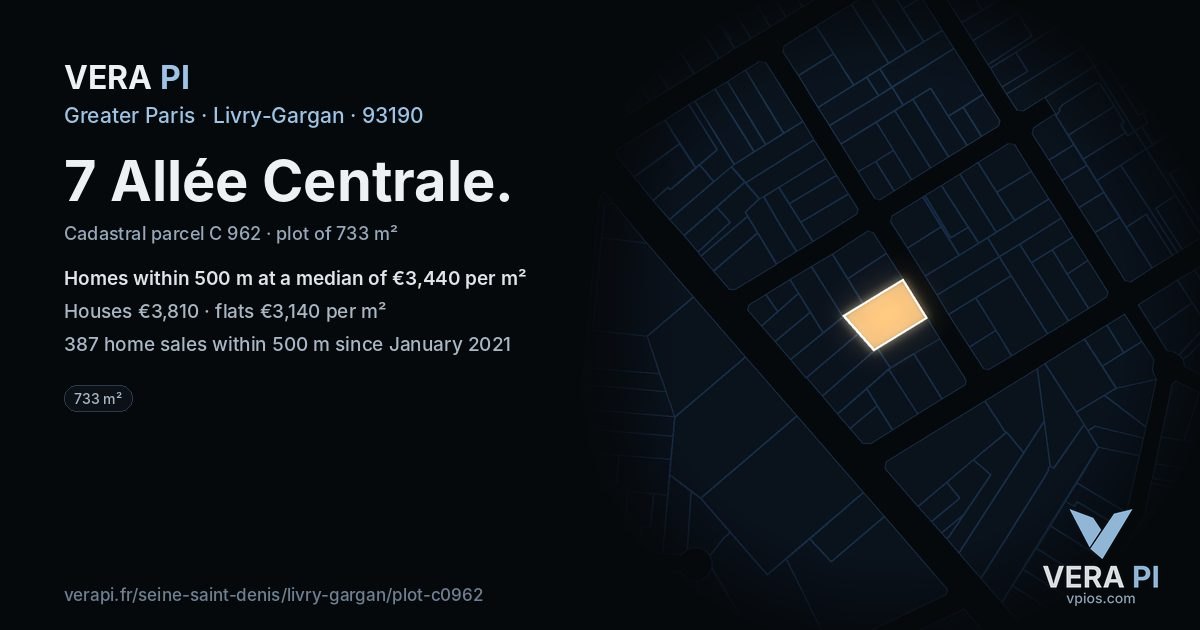 7 Allée Centrale, Livry-Gargan at night – the plot lit, the parcels around coloured by the prices near them