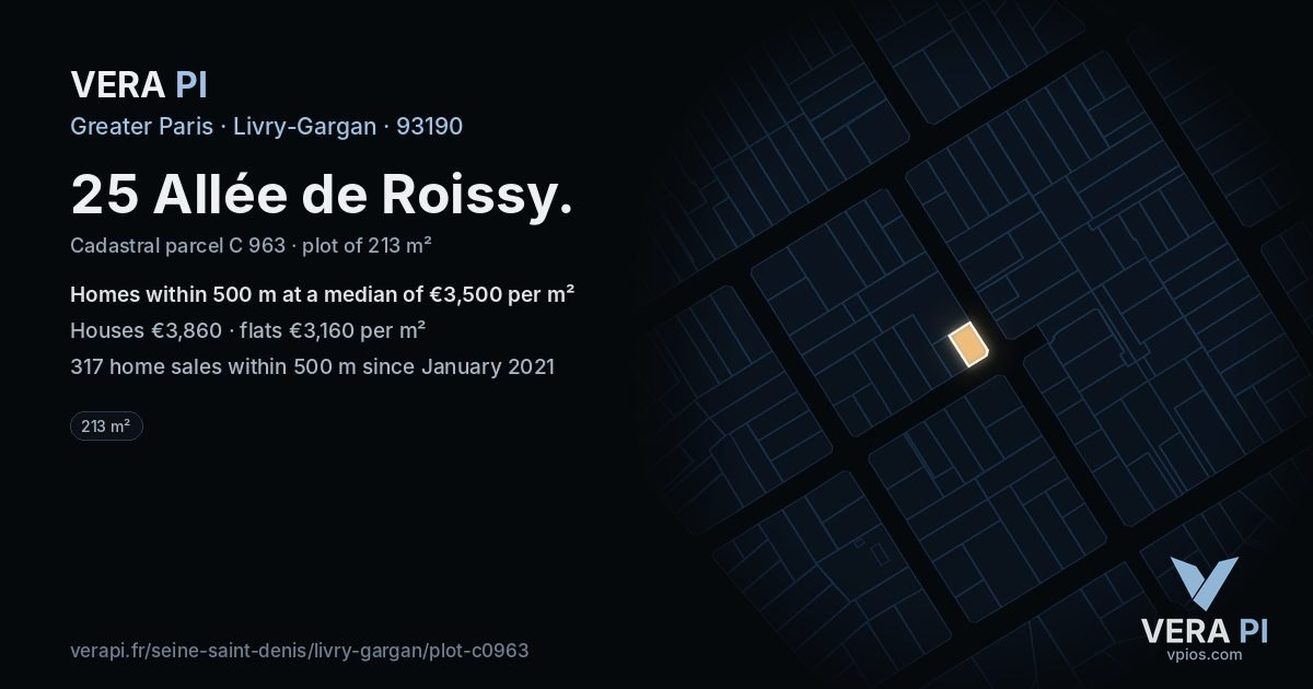 25 Allée de Roissy, Livry-Gargan at night – the plot lit, the parcels around coloured by the prices near them