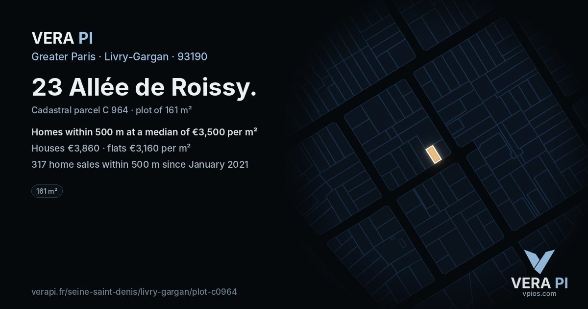 23 Allée de Roissy, Livry-Gargan at night – the plot lit, the parcels around coloured by the prices near them