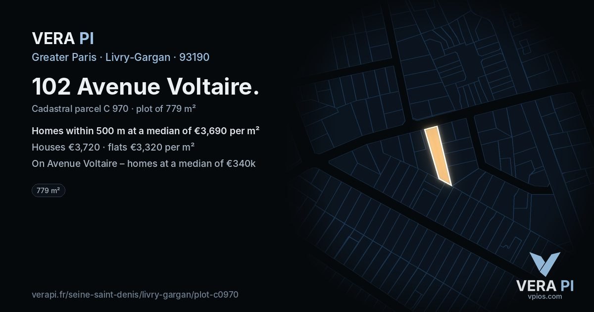 102 Avenue Voltaire, Livry-Gargan at night – the plot lit, the parcels around coloured by the prices near them