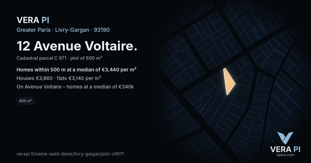 12 Avenue Voltaire, Livry-Gargan at night – the plot lit, the parcels around coloured by the prices near them