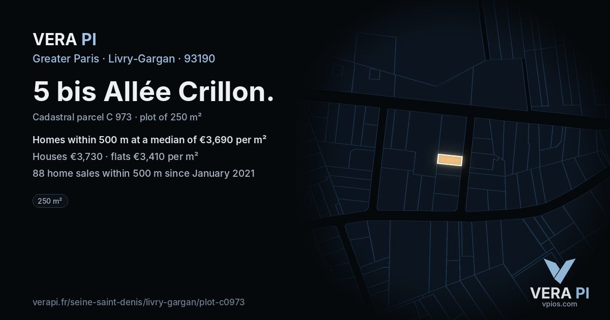 5 bis Allée Crillon, Livry-Gargan at night – the plot lit, the parcels around coloured by the prices near them