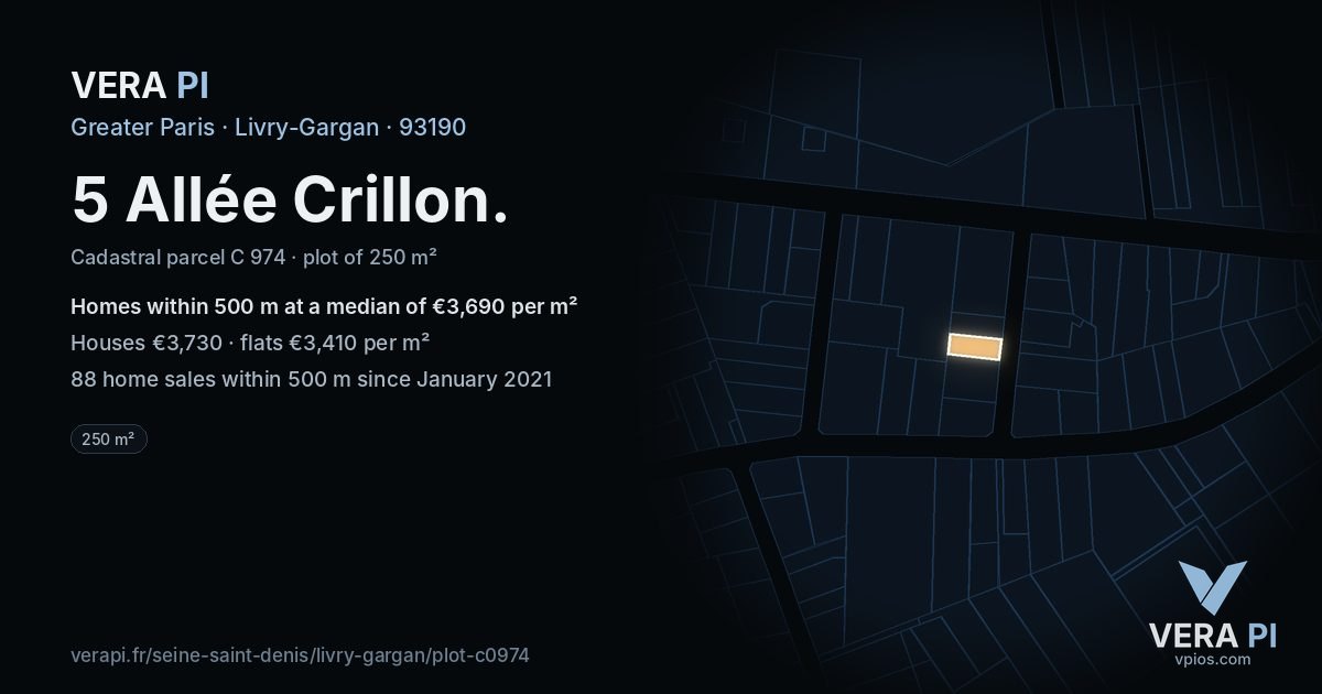 5 Allée Crillon, Livry-Gargan at night – the plot lit, the parcels around coloured by the prices near them