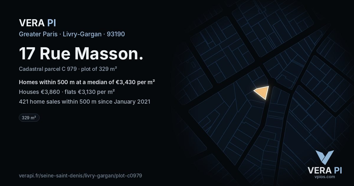 17 Rue Masson, Livry-Gargan at night – the plot lit, the parcels around coloured by the prices near them