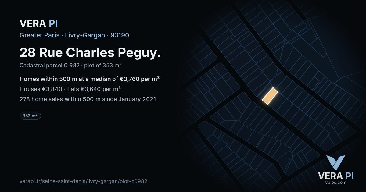 28 Rue Charles Peguy, Livry-Gargan at night – the plot lit, the parcels around coloured by the prices near them
