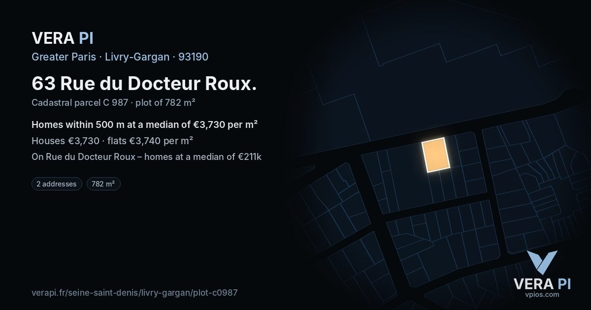 63 Rue du Docteur Roux, Livry-Gargan at night – the plot lit, the parcels around coloured by the prices near them
