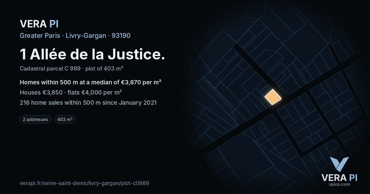 1 Allée de la Justice, Livry-Gargan at night – the plot lit, the parcels around coloured by the prices near them