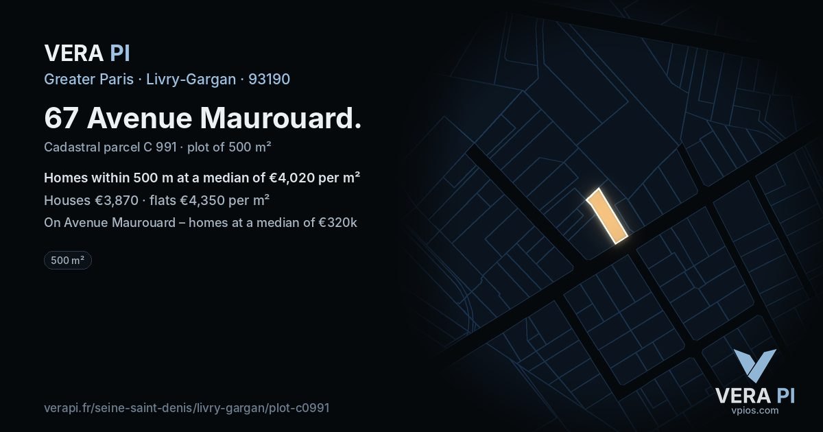 67 Avenue Maurouard, Livry-Gargan at night – the plot lit, the parcels around coloured by the prices near them