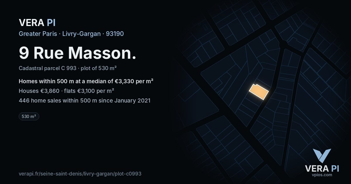 9 Rue Masson, Livry-Gargan at night – the plot lit, the parcels around coloured by the prices near them