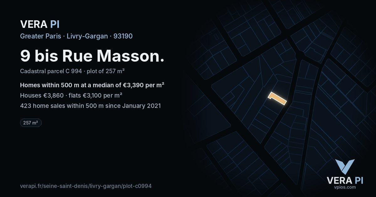 9 bis Rue Masson, Livry-Gargan at night – the plot lit, the parcels around coloured by the prices near them