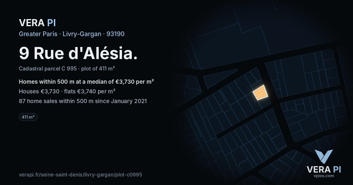 9 Rue d'Alésia, Livry-Gargan at night – the plot lit, the parcels around coloured by the prices near them