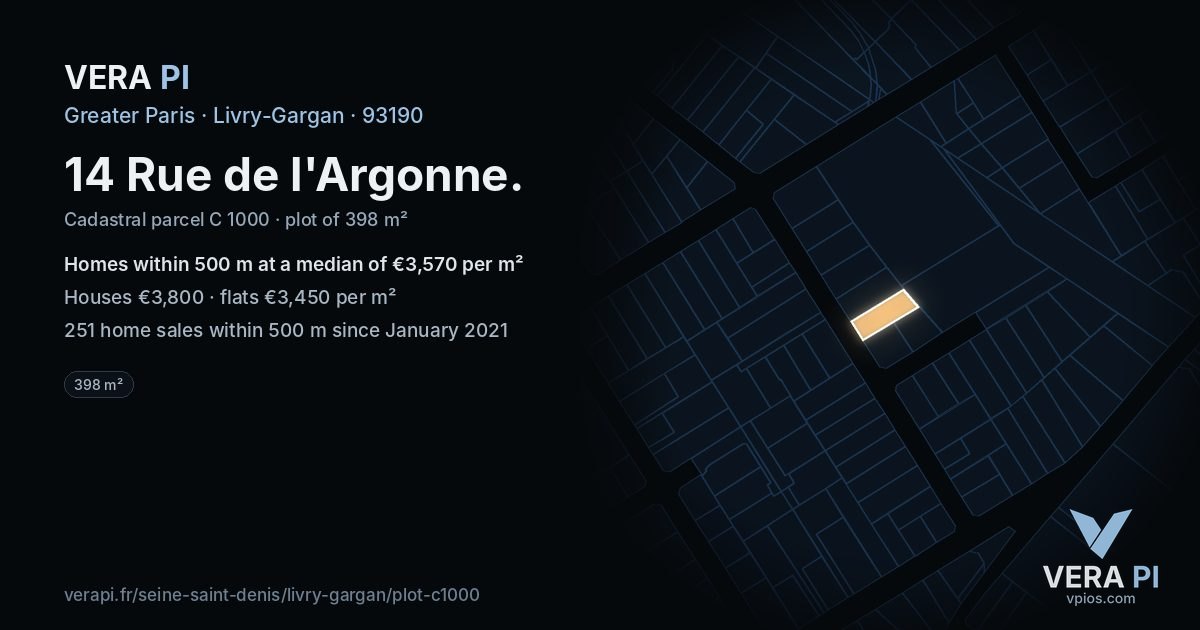 14 Rue de l'Argonne, Livry-Gargan at night – the plot lit, the parcels around coloured by the prices near them