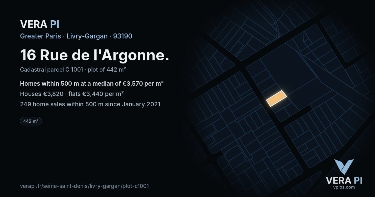 16 Rue de l'Argonne, Livry-Gargan at night – the plot lit, the parcels around coloured by the prices near them