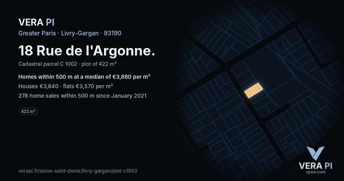 18 Rue de l'Argonne, Livry-Gargan at night – the plot lit, the parcels around coloured by the prices near them