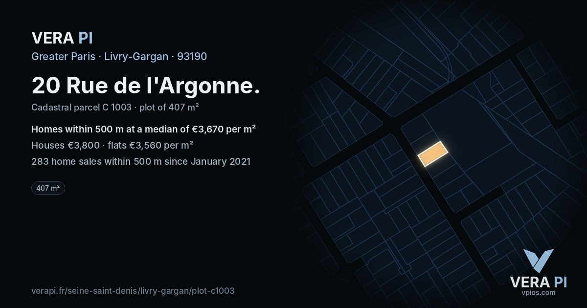 20 Rue de l'Argonne, Livry-Gargan at night – the plot lit, the parcels around coloured by the prices near them