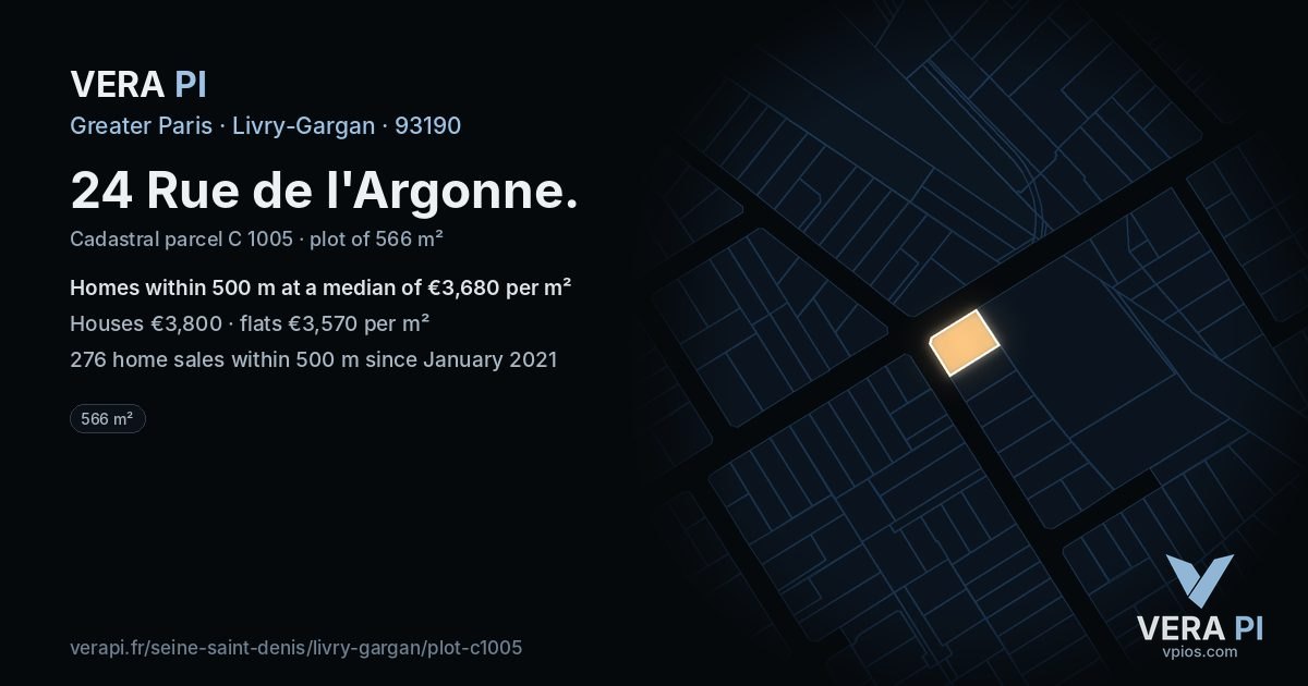 24 Rue de l'Argonne, Livry-Gargan at night – the plot lit, the parcels around coloured by the prices near them