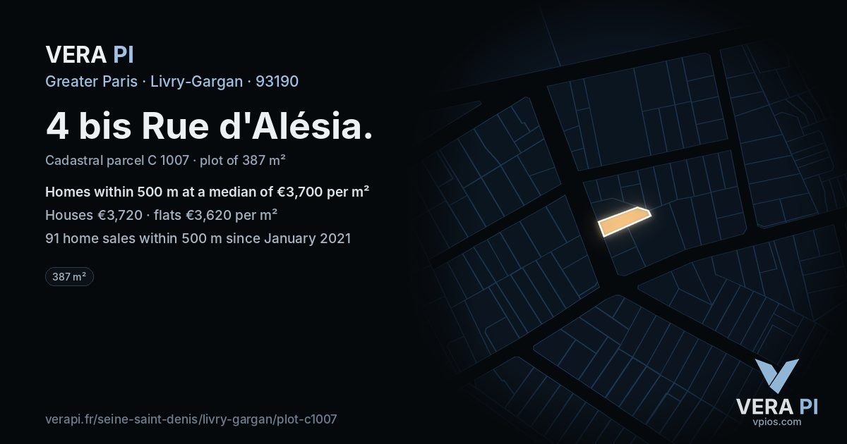 4 bis Rue d'Alésia, Livry-Gargan at night – the plot lit, the parcels around coloured by the prices near them