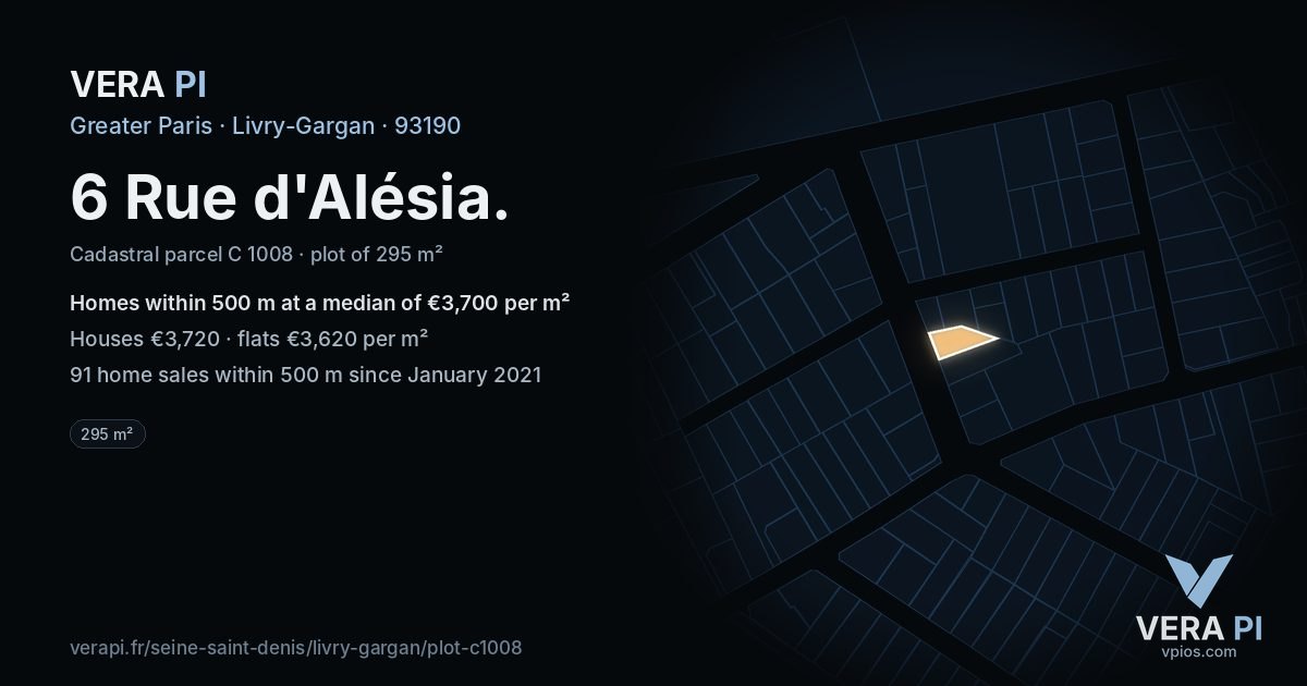 6 Rue d'Alésia, Livry-Gargan at night – the plot lit, the parcels around coloured by the prices near them