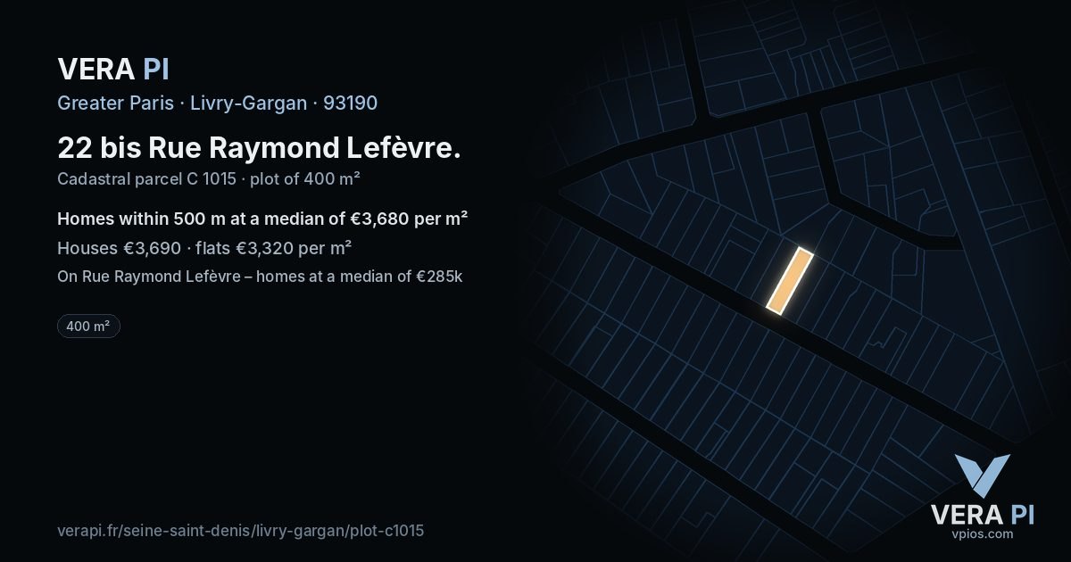 22 bis Rue Raymond Lefèvre, Livry-Gargan at night – the plot lit, the parcels around coloured by the prices near them