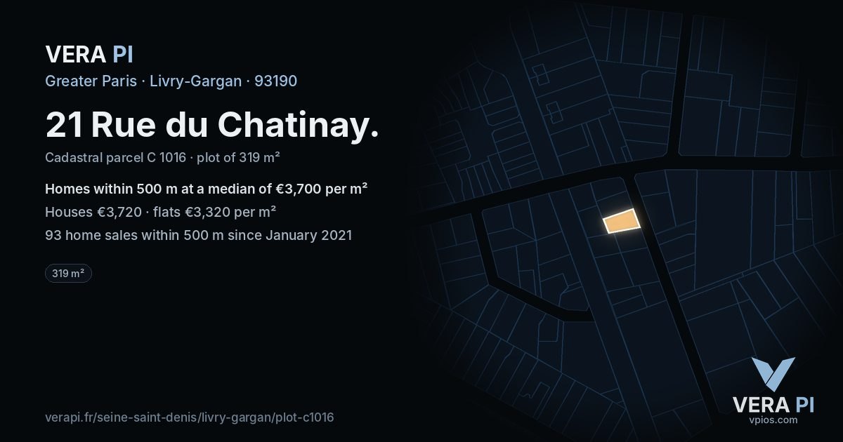 21 Rue du Chatinay, Livry-Gargan at night – the plot lit, the parcels around coloured by the prices near them