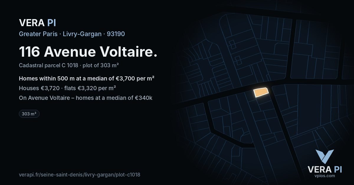 116 Avenue Voltaire, Livry-Gargan at night – the plot lit, the parcels around coloured by the prices near them