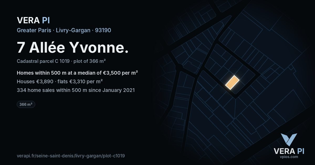 7 Allée Yvonne, Livry-Gargan at night – the plot lit, the parcels around coloured by the prices near them