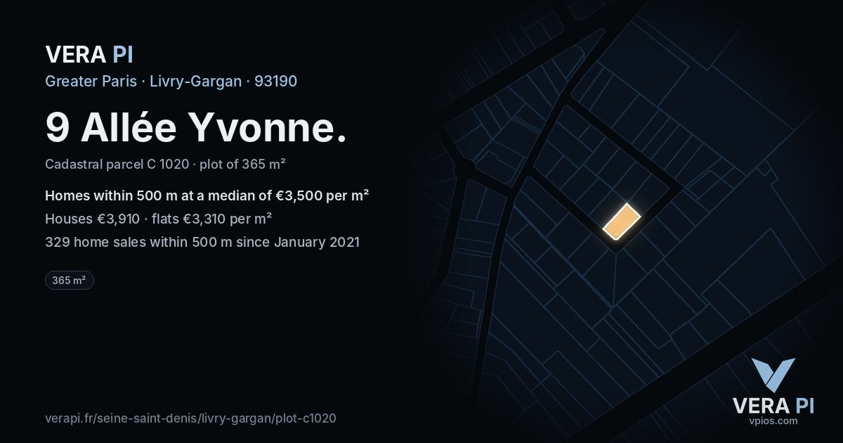 9 Allée Yvonne, Livry-Gargan at night – the plot lit, the parcels around coloured by the prices near them
