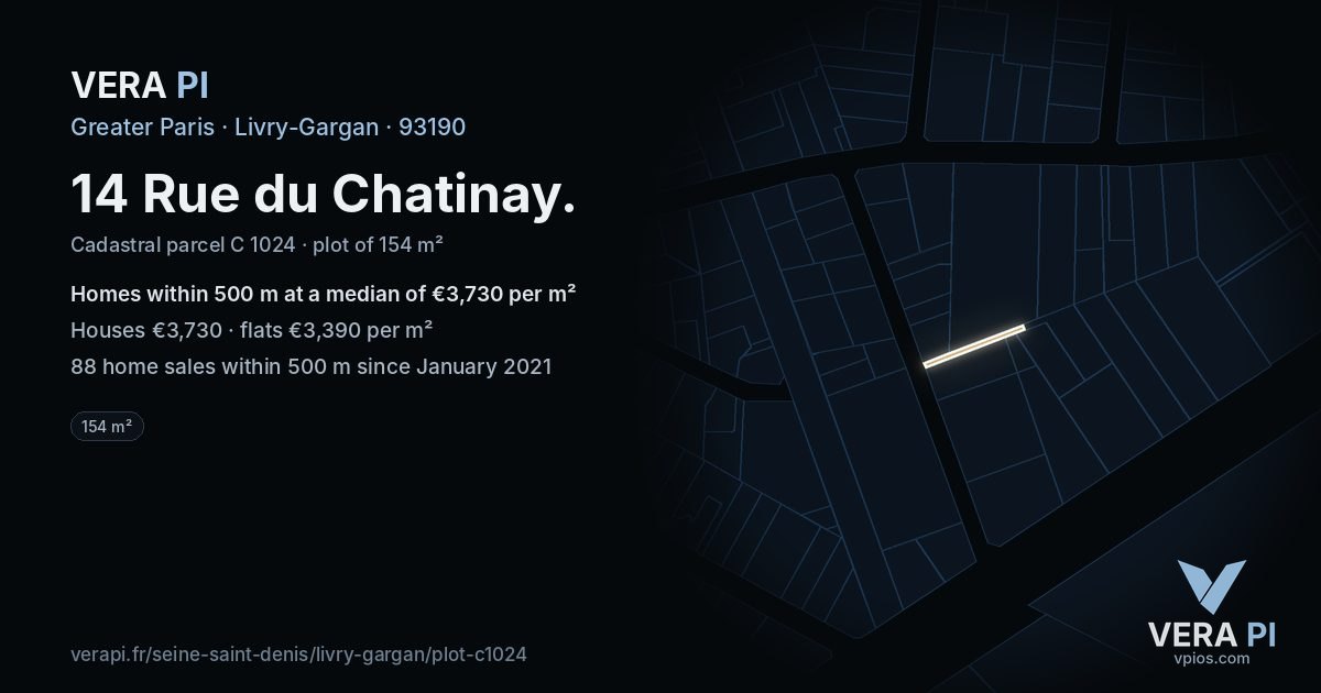 14 Rue du Chatinay, Livry-Gargan at night – the plot lit, the parcels around coloured by the prices near them