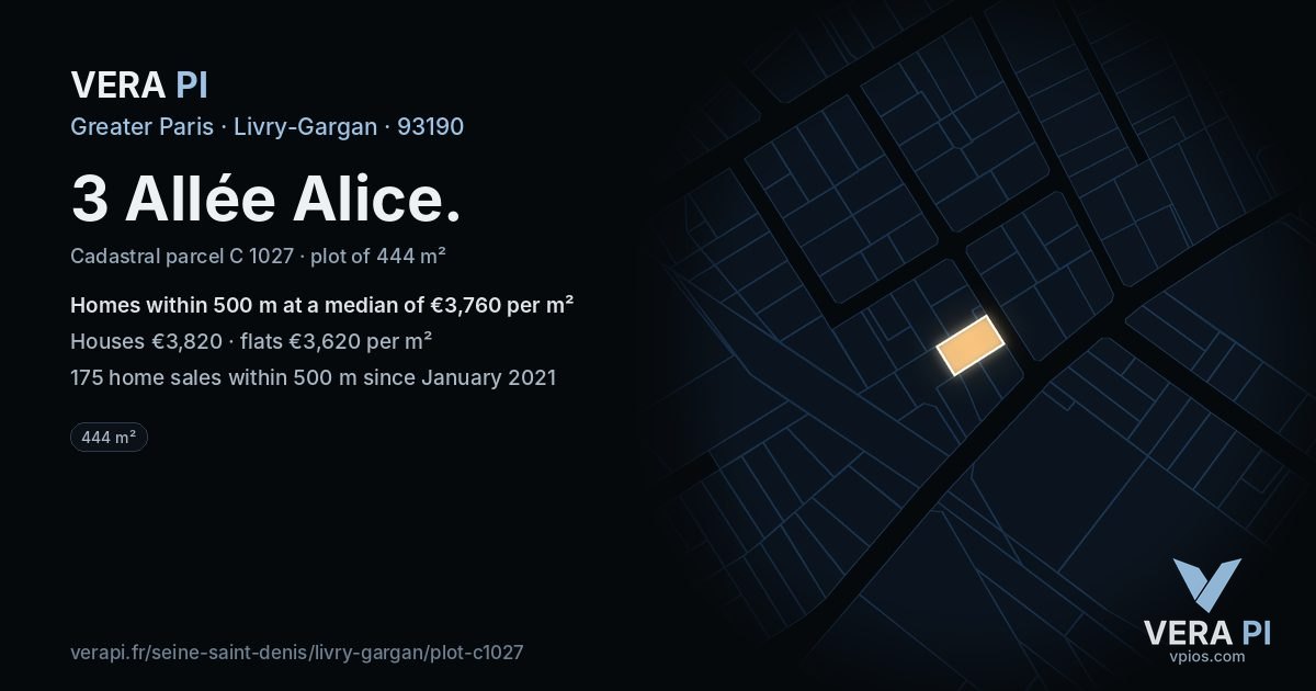 3 Allée Alice, Livry-Gargan at night – the plot lit, the parcels around coloured by the prices near them