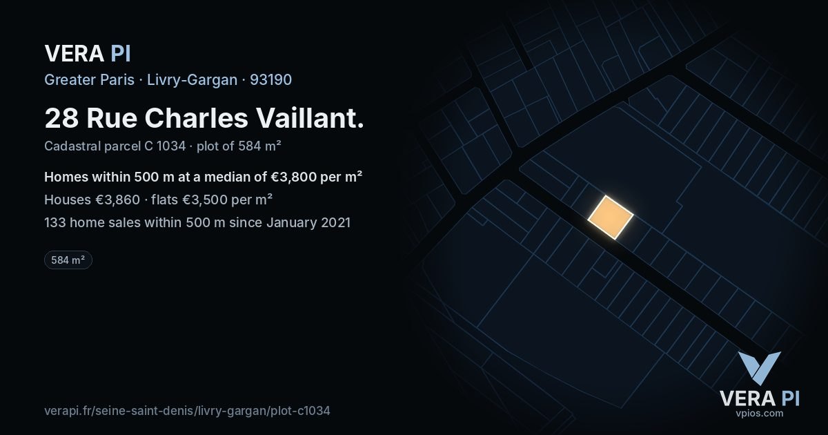 28 Rue Charles Vaillant, Livry-Gargan at night – the plot lit, the parcels around coloured by the prices near them