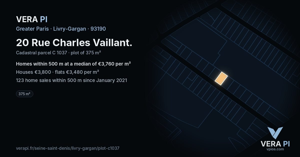 20 Rue Charles Vaillant, Livry-Gargan at night – the plot lit, the parcels around coloured by the prices near them