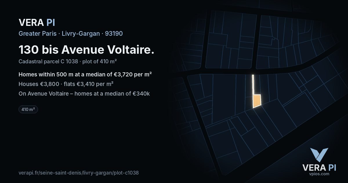 130 bis Avenue Voltaire, Livry-Gargan at night – the plot lit, the parcels around coloured by the prices near them