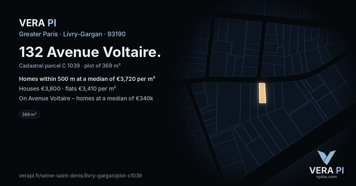 132 Avenue Voltaire, Livry-Gargan at night – the plot lit, the parcels around coloured by the prices near them