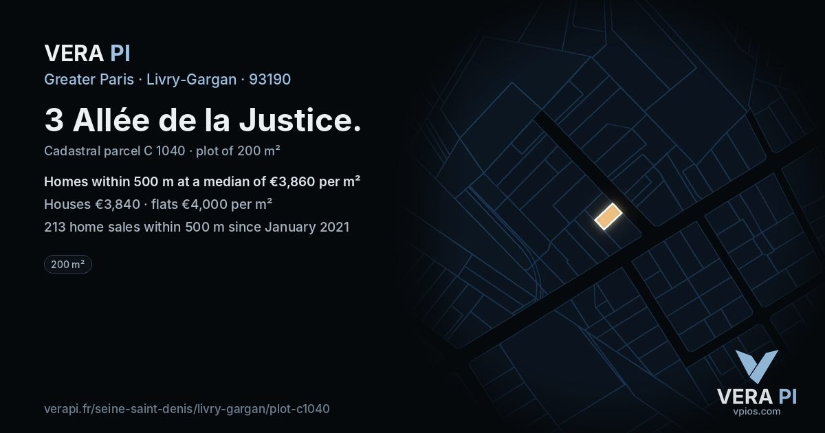 3 Allée de la Justice, Livry-Gargan at night – the plot lit, the parcels around coloured by the prices near them