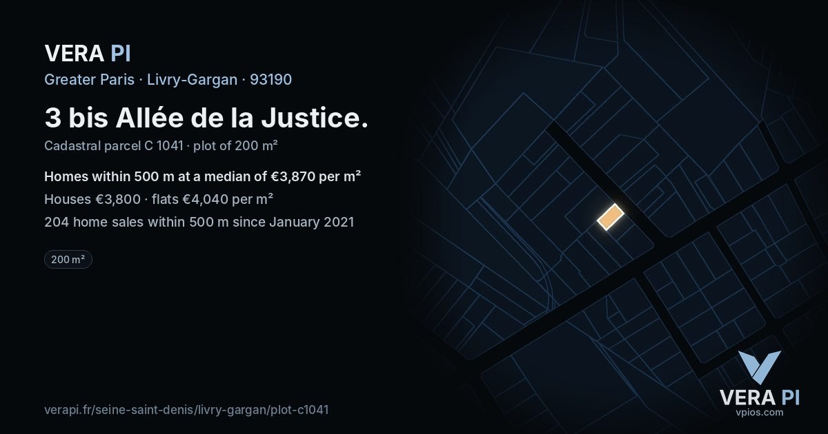 3 bis Allée de la Justice, Livry-Gargan at night – the plot lit, the parcels around coloured by the prices near them