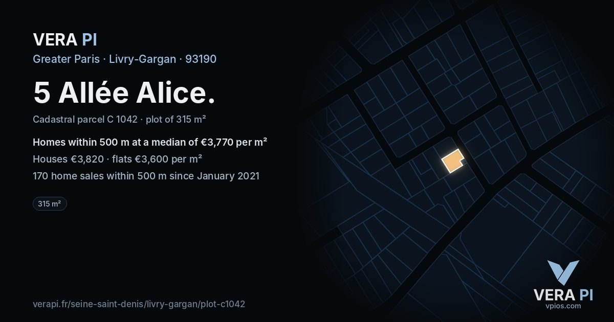5 Allée Alice, Livry-Gargan at night – the plot lit, the parcels around coloured by the prices near them