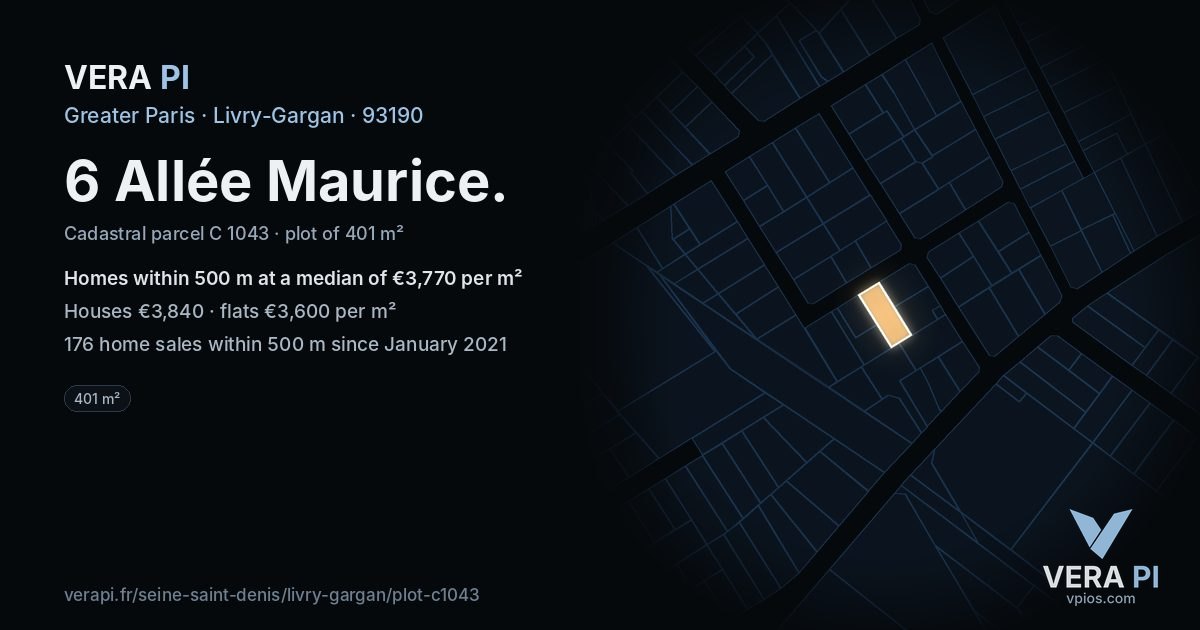 6 Allée Maurice, Livry-Gargan at night – the plot lit, the parcels around coloured by the prices near them