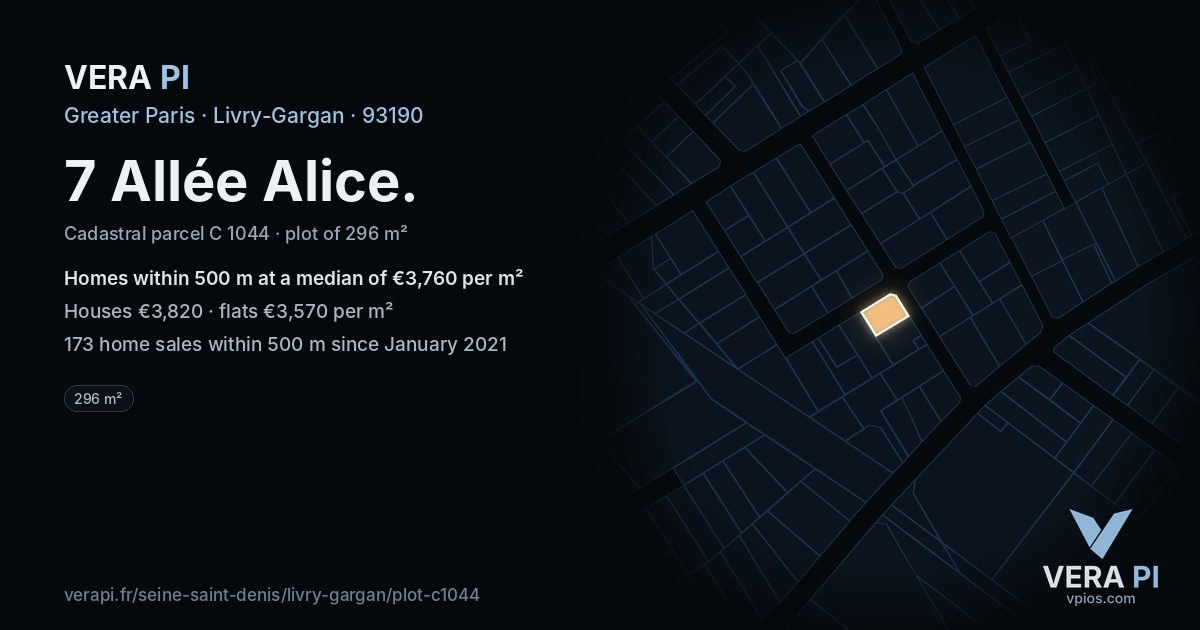 7 Allée Alice, Livry-Gargan at night – the plot lit, the parcels around coloured by the prices near them