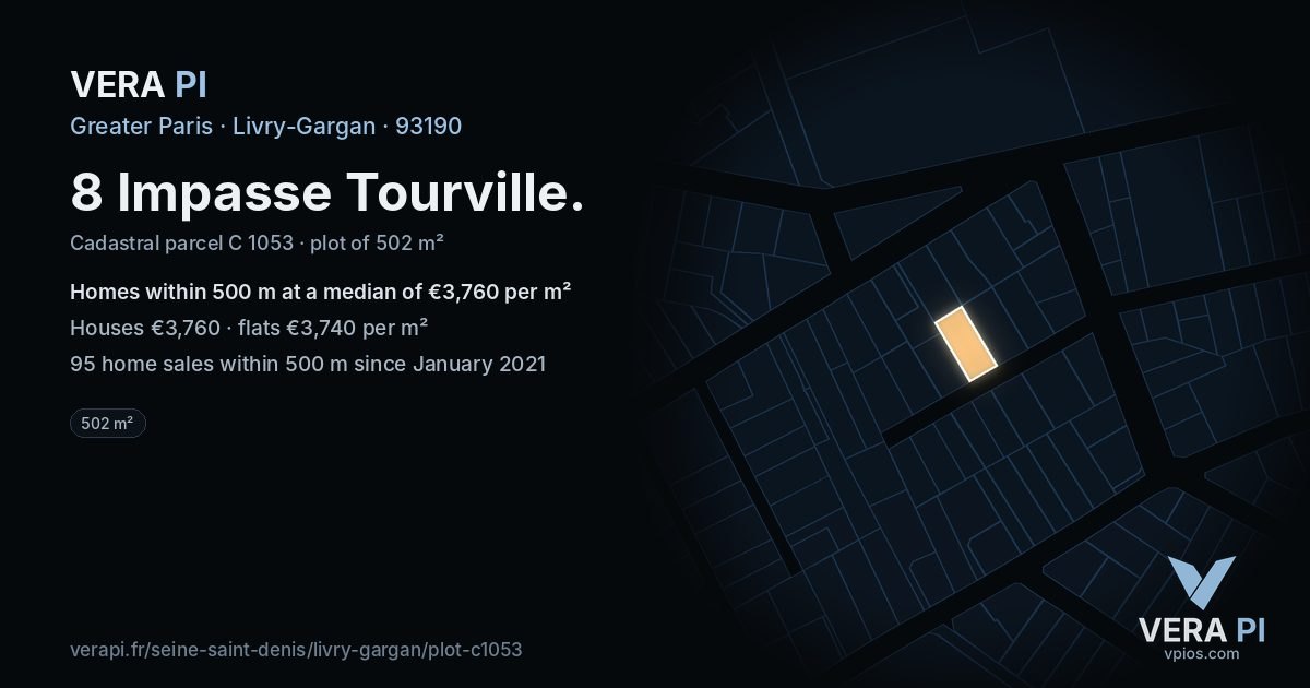 8 Impasse Tourville, Livry-Gargan at night – the plot lit, the parcels around coloured by the prices near them