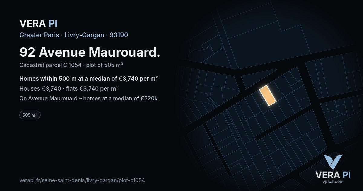 92 Avenue Maurouard, Livry-Gargan at night – the plot lit, the parcels around coloured by the prices near them