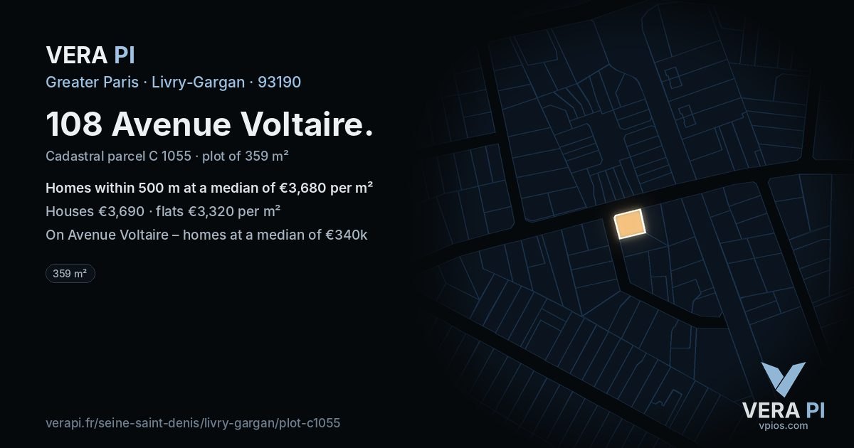 108 Avenue Voltaire, Livry-Gargan at night – the plot lit, the parcels around coloured by the prices near them