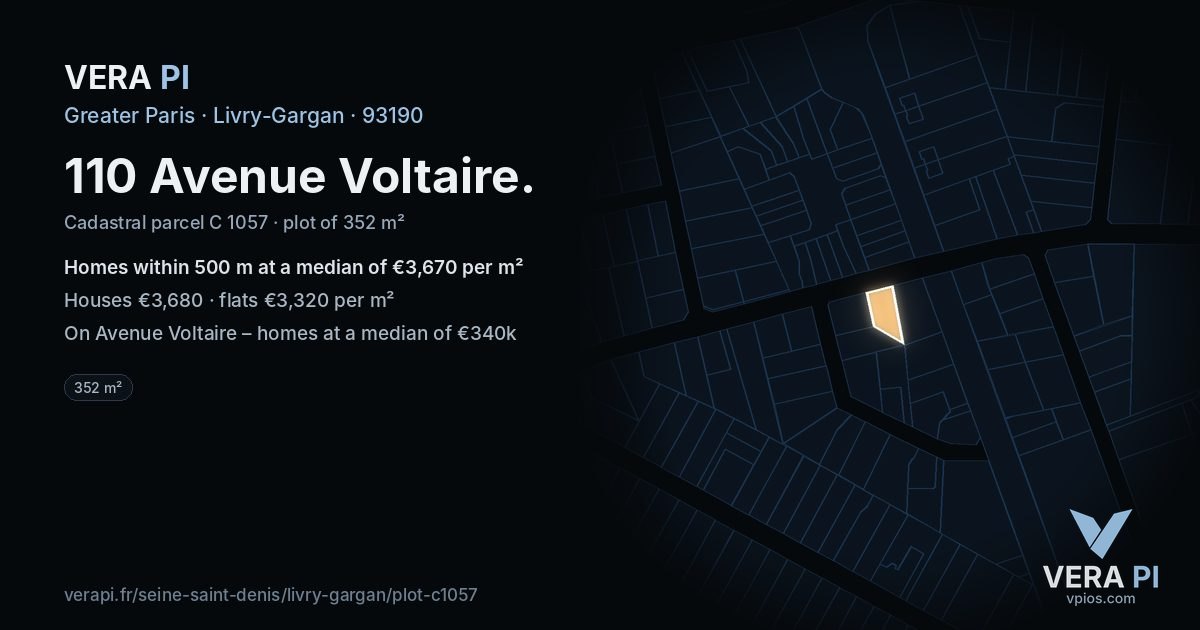 110 Avenue Voltaire, Livry-Gargan at night – the plot lit, the parcels around coloured by the prices near them