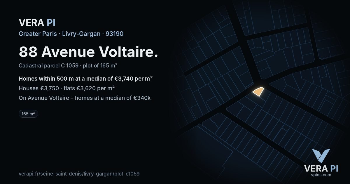 88 Avenue Voltaire, Livry-Gargan at night – the plot lit, the parcels around coloured by the prices near them