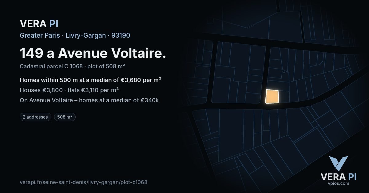149 a Avenue Voltaire, Livry-Gargan at night – the plot lit, the parcels around coloured by the prices near them