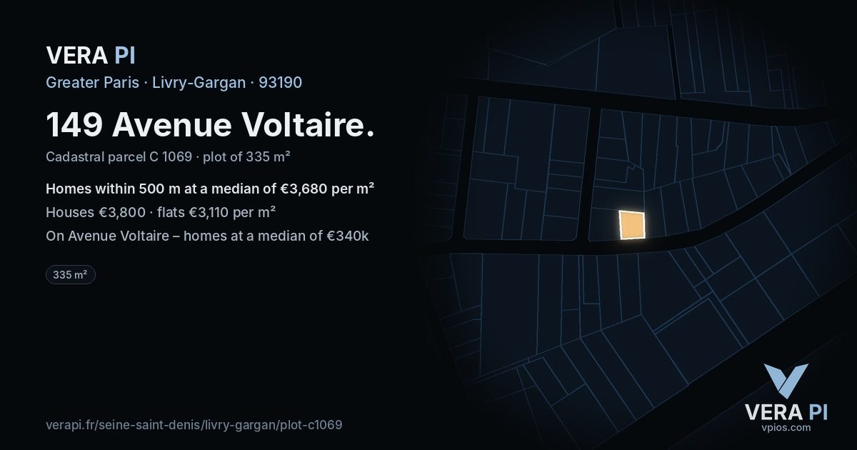 149 Avenue Voltaire, Livry-Gargan at night – the plot lit, the parcels around coloured by the prices near them