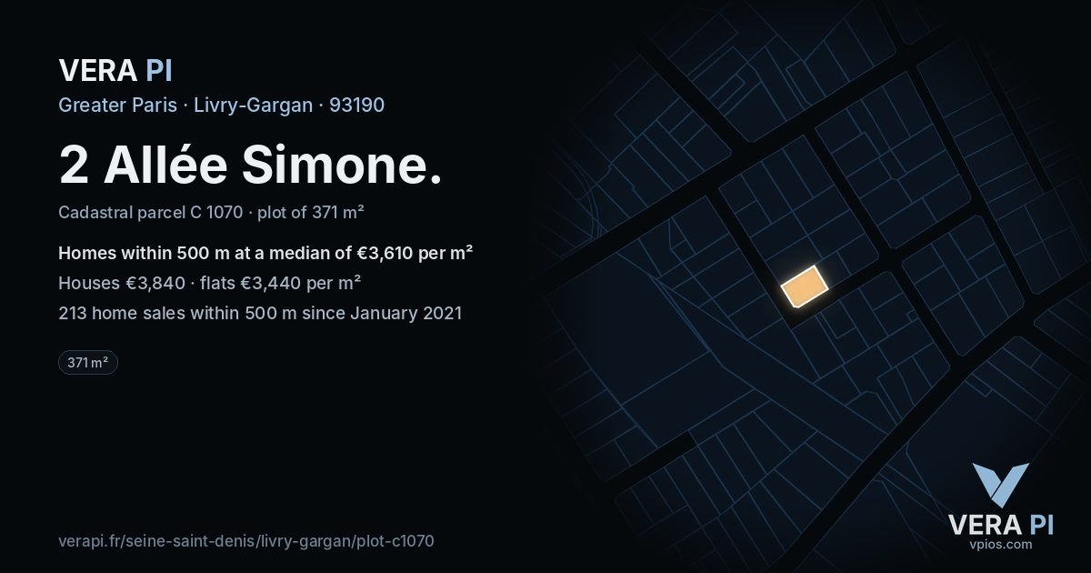 2 Allée Simone, Livry-Gargan at night – the plot lit, the parcels around coloured by the prices near them