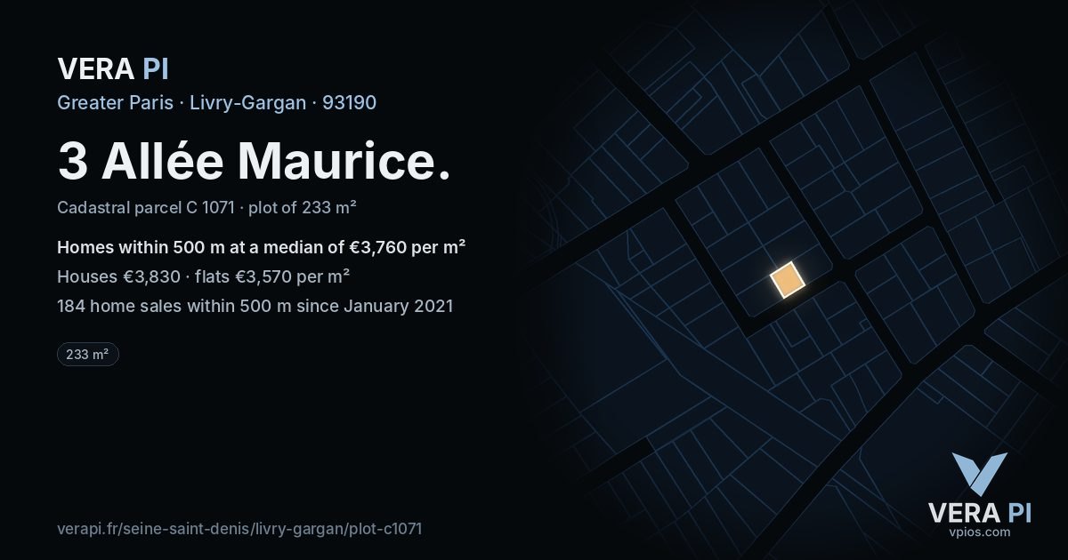 3 Allée Maurice, Livry-Gargan at night – the plot lit, the parcels around coloured by the prices near them